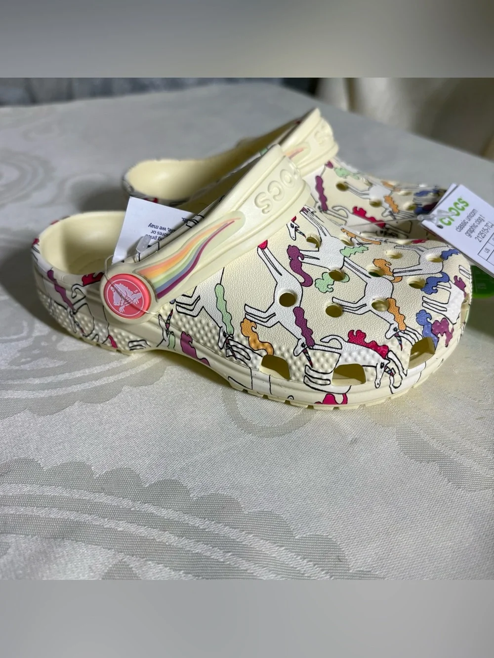 CROCS Kids Cream Unicorn-Print Clog with Rainbow Strap